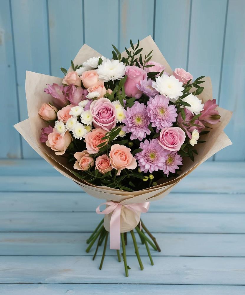 Букет цветов из: Хризантемы, Розы и Альстромерии в Гуеве
