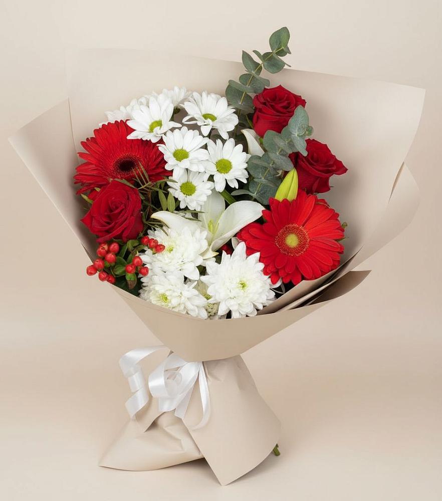 Букет цветов из: Розы, Хризантемы, Герберы и Лилии в Гуеве