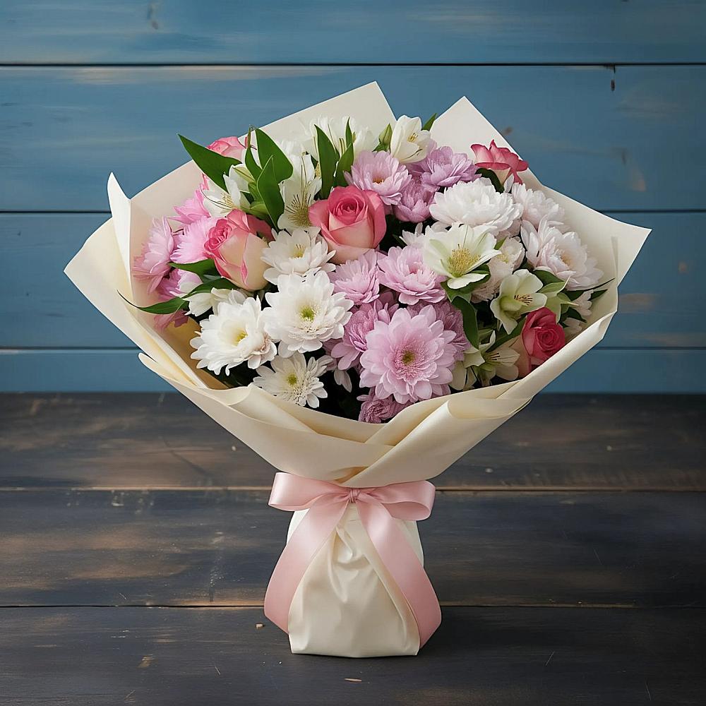 Букет цветов из: Хризантемы, Альстромерии и Розы в Гуеве